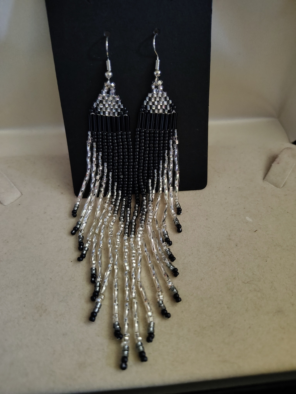 🔥New Handmade Beaded Fringe Earrings Black Silver Clear Ombre Boho Dangle 5" 🔥